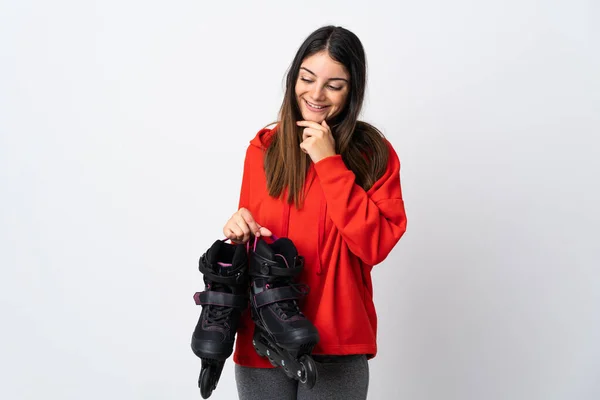 Young Skater Woman Isolated White Background Looking Side Smiling — Foto Stock