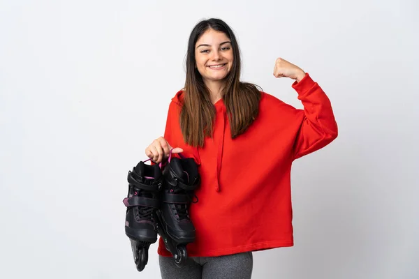 Young Skater Woman Isolated White Background Doing Strong Gesture — 스톡 사진