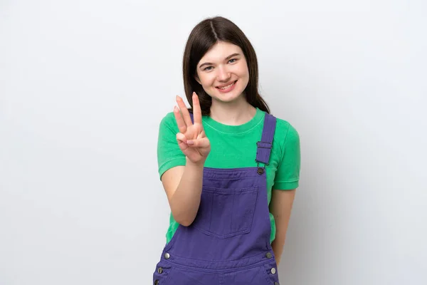 Mladá Ruská Žena Izolované Modrém Pozadí Šťastný Počítání Tři Prsty — Stock fotografie