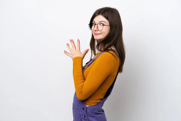 Young Russian Woman Isolated Blue Background Scheming Something — Stock Photo, Image