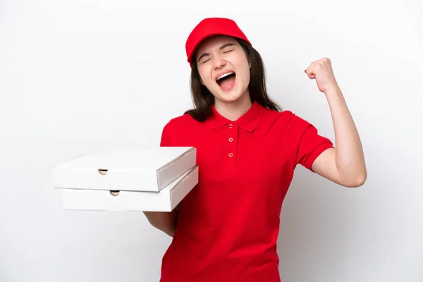 Young Russian Pizza Delivery Picking Pizza Boxes Isolated White Background — Fotografia de Stock