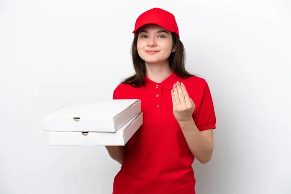 Young Russian Pizza Delivery Picking Pizza Boxes Isolated White Background — Fotografia de Stock