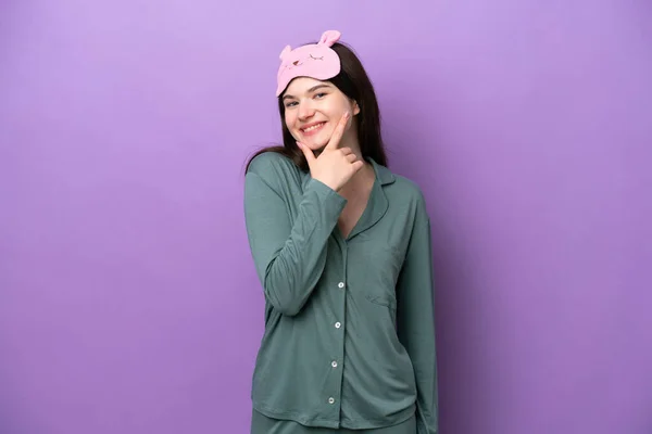 Young Russian Woman Pajamas Isolated Purple Background Happy Smiling — Foto de Stock