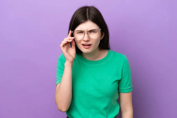 Young Pretty Russian Woman Isolated Purple Background Glasses Frustrated Expression — 图库照片