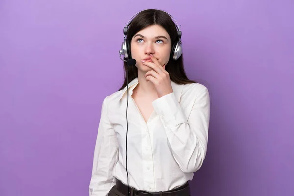 Telemarketer Russian Woman Working Headset Isolated Purple Background Having Doubts — 스톡 사진
