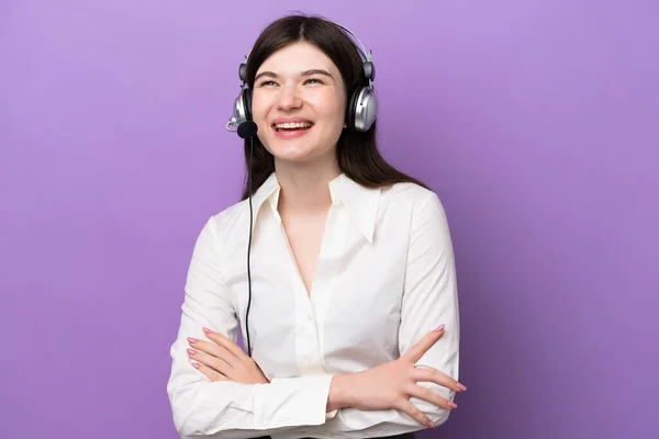 Telemarketer Russian Woman Working Headset Isolated Purple Background Happy Smiling —  Fotos de Stock
