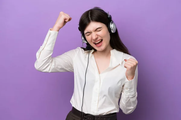 Telemarketer Russian Woman Working Headset Isolated Purple Background Celebrating Victory — Φωτογραφία Αρχείου