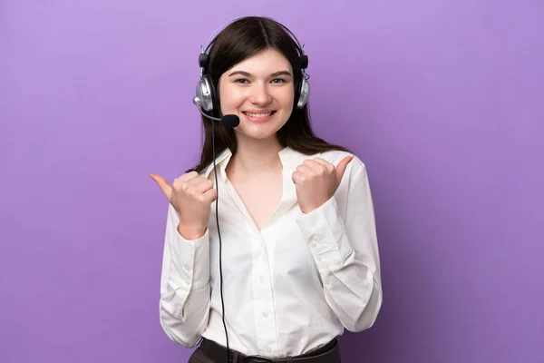 Telemarketer Russian Woman Working Headset Isolated Purple Background Thumbs Gesture — ストック写真