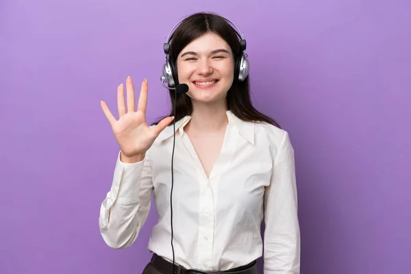 Telemarketer Russian Woman Working Headset Isolated Purple Background Counting Five — 스톡 사진