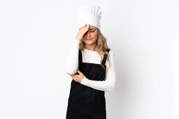 Young Brazilian Chef Woman Isolated White Background Headache — стоковое фото