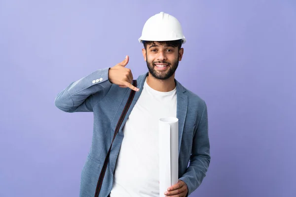 Young Architect Moroccan Man Helmet Holding Blueprints Isolated Background Making — стоковое фото