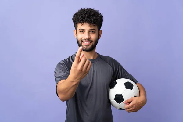 Handsome Moroccan Young Football Player Man Isolated Purple Background Doing — Stock Photo, Image