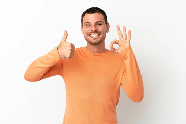Brazilian Man Isolated White Background Showing Sign Thumb Gesture — Stok fotoğraf