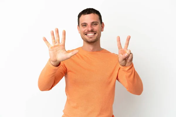 Brazilian Man Isolated White Background Counting Seven Fingers — ストック写真