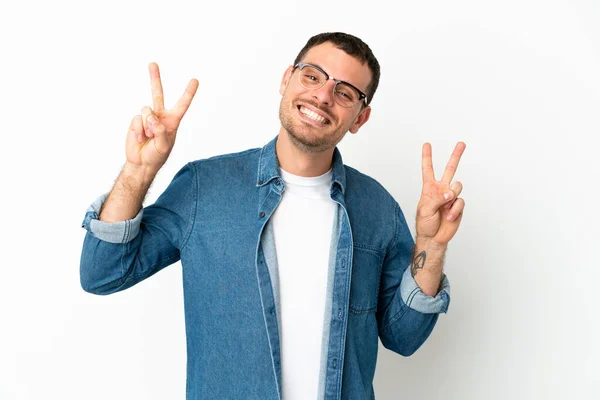 Brazilian Man Isolated White Background Showing Victory Sign Both Hands — Stock fotografie