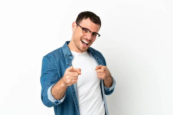 Brazilian Man Isolated White Background Pointing Front Smiling — Stock fotografie