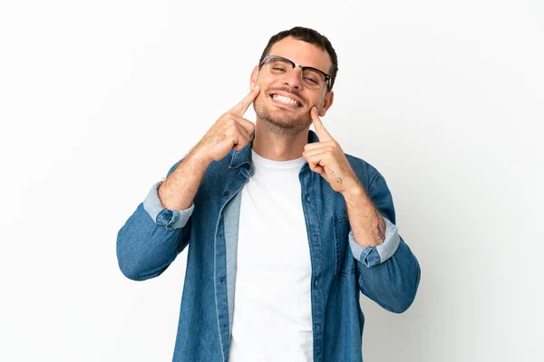 Brazilian Man Isolated White Background Smiling Happy Pleasant Expression — Photo