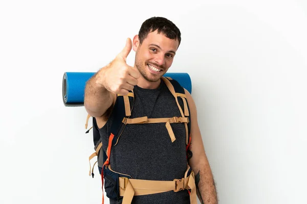 Brazilian Mountaineer Man Big Backpack Isolated White Background Thumbs Because — Foto de Stock