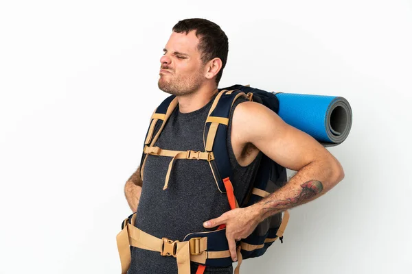 Brazilian Mountaineer Man Big Backpack Isolated White Background Suffering Backache — Foto Stock