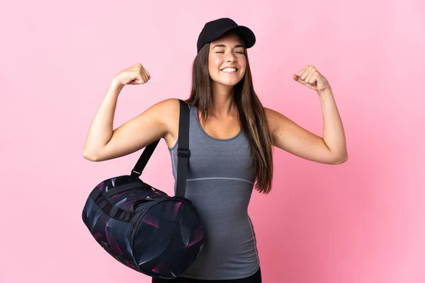 Young Sport Brazilian Girl Sport Bag Isolated Pink Background Doing — Fotografia de Stock