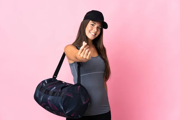 Young Sport Brazilian Girl Sport Bag Isolated Pink Background Making — Stok fotoğraf