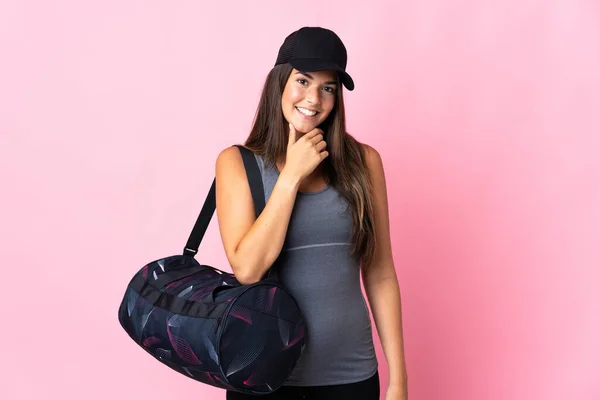 Young Sport Brazilian Girl Sport Bag Isolated Pink Background Happy — Foto Stock