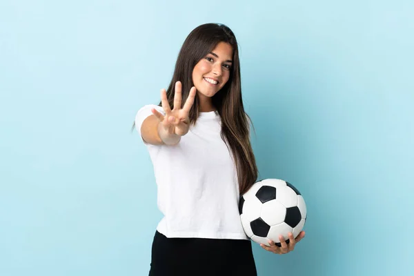 Young Football Player Brazilian Girl Isolated Blue Background Happy Counting — Zdjęcie stockowe