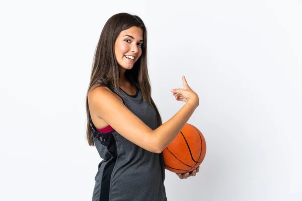 Young Brazilian Woman Playing Basketball Isolated White Background Pointing Back — Foto Stock