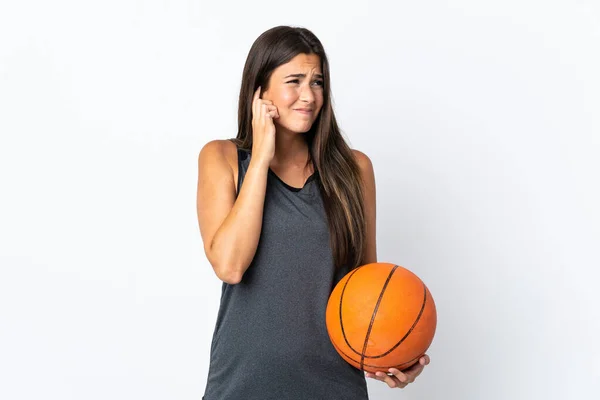 Young Brazilian Woman Playing Basketball Isolated White Background Frustrated Covering — Φωτογραφία Αρχείου