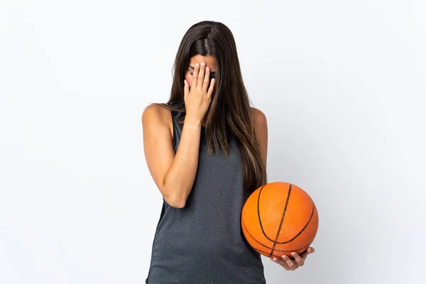 Young Brazilian Woman Playing Basketball Isolated White Background Tired Sick — Stok Foto