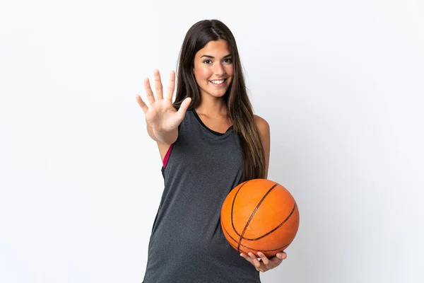 Young Brazilian Woman Playing Basketball Isolated White Background Counting Five — Zdjęcie stockowe