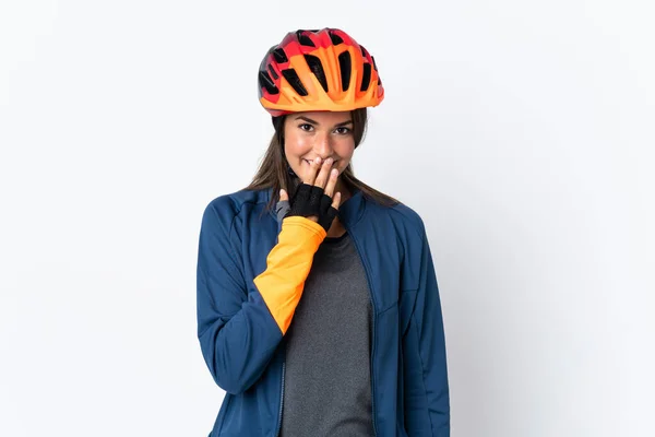 Young Cyclist Brazilian Girl Isolated White Background Happy Smiling Covering — Φωτογραφία Αρχείου