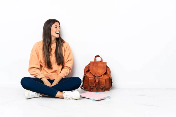Young Student Brazilian Woman Sitting Floor Laughing Lateral Position — Foto Stock