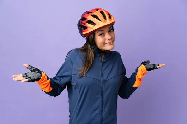 Teenager Cyclist Girl Having Doubts While Raising Hands — Stockfoto