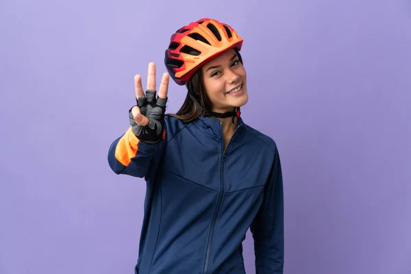 Teenager Cyclist Girl Happy Counting Three Fingers — Stockfoto