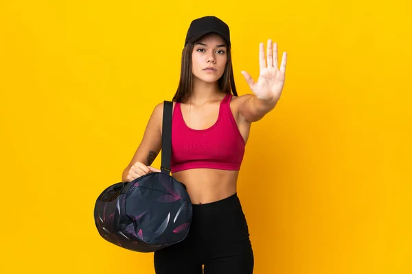 Teenager Sport Girl Sport Bag Making Stop Gesture — Φωτογραφία Αρχείου