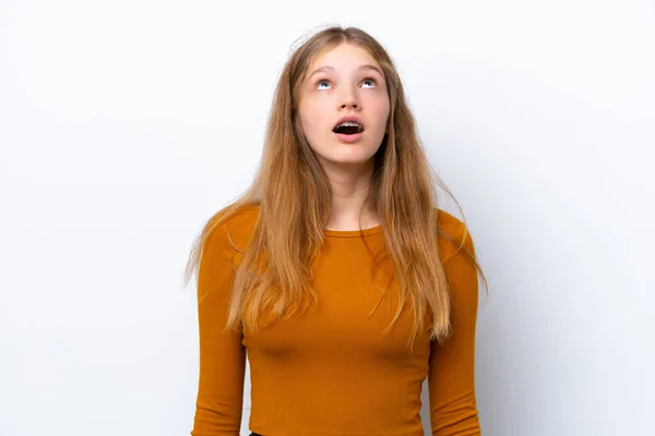 Adolescente Russo Menina Isolada Fundo Branco Olhando Para Cima Com — Fotografia de Stock