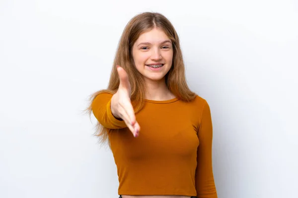 Неповнолітня Російська Дівчина Ізольована Білому Фоні Потискує Руки Щоб Припинити — стокове фото
