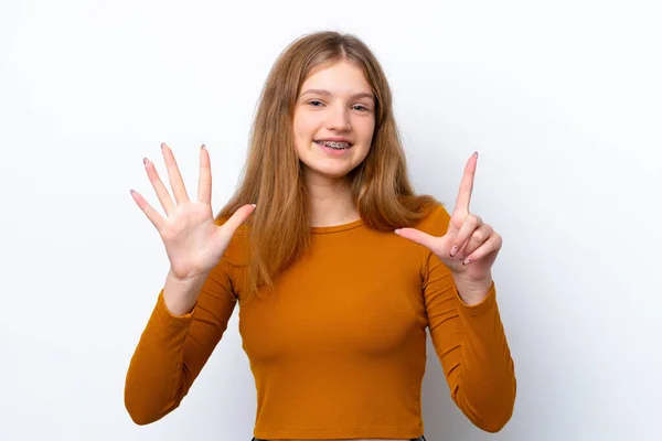 Adolescente Rusa Chica Aislado Blanco Fondo Contando Siete Con Los —  Fotos de Stock