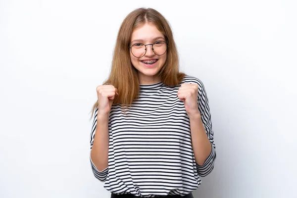 Tonåring Ryska Flicka Isolerad Vit Bakgrund Firar Seger Segrar Position — Stockfoto