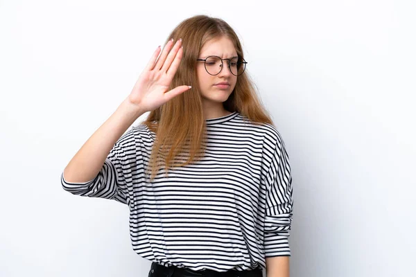 Tini Orosz Lány Elszigetelt Fehér Háttér Így Stop Gesztus Csalódott — Stock Fotó