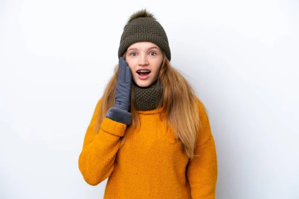 Teenager Russian Girl Wearing Winter Jacket Isolated White Background Surprise — Stock Photo, Image