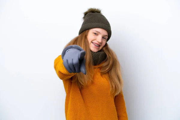 Teenager Russische Mädchen Winterjacke Isoliert Auf Weißem Hintergrund Zeigt Mit — Stockfoto