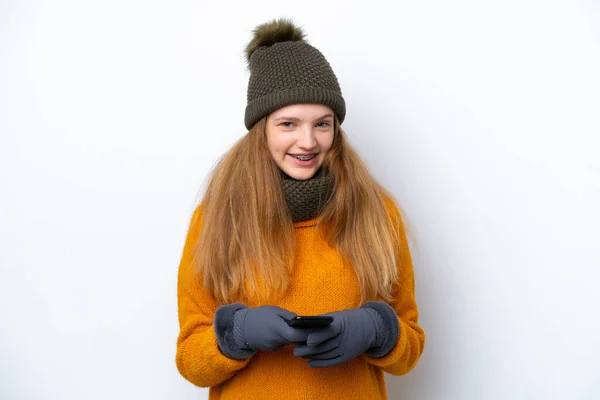 Teenager Russian Girl Wearing Winter Jacket Isolated White Background Sending — Stock Photo, Image