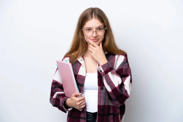 Studente Adolescente Ragazza Russa Isolata Sfondo Bianco Pensando — Foto Stock