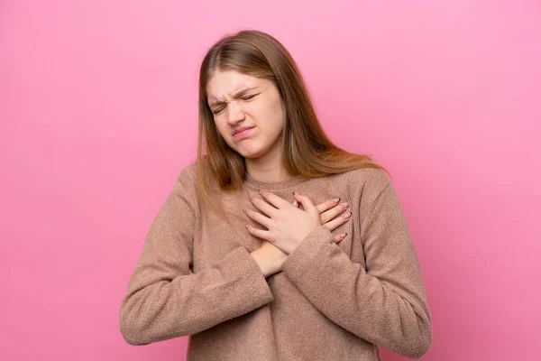 Teenager Russian Girl Isolated Pink Background Having Pain Heart — Foto Stock