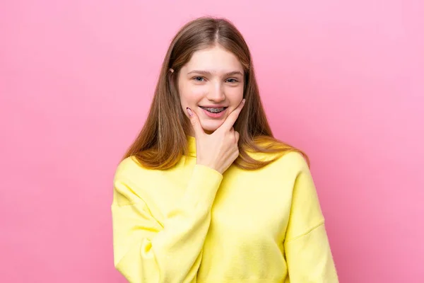 Adolescente Rusa Chica Aislado Rosa Fondo Feliz Sonriente —  Fotos de Stock