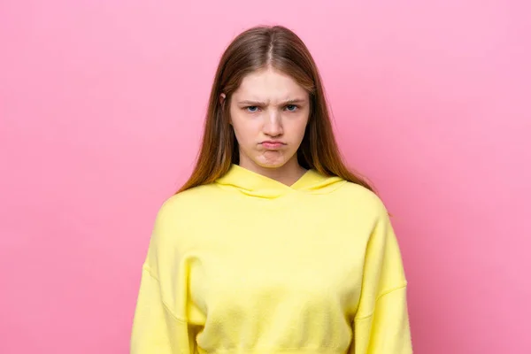 Teenager Rusky Dívka Izolované Růžovém Pozadí Smutným Výrazem — Stock fotografie