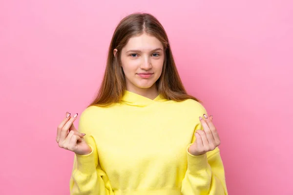 Adolescente Rusa Chica Aislado Rosa Fondo Haciendo Dinero Gesto —  Fotos de Stock