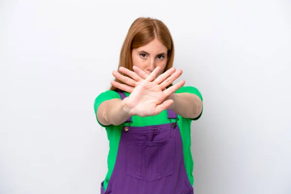 Young Redhead Woman Isolated White Background Making Stop Gesture Her — Stock fotografie